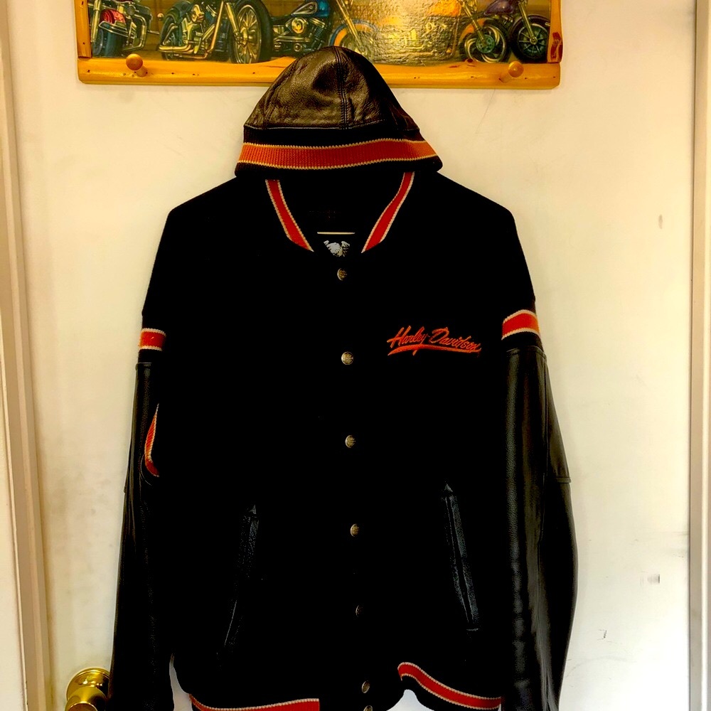 Harley bomber/ letterman & matching leather scull cap.